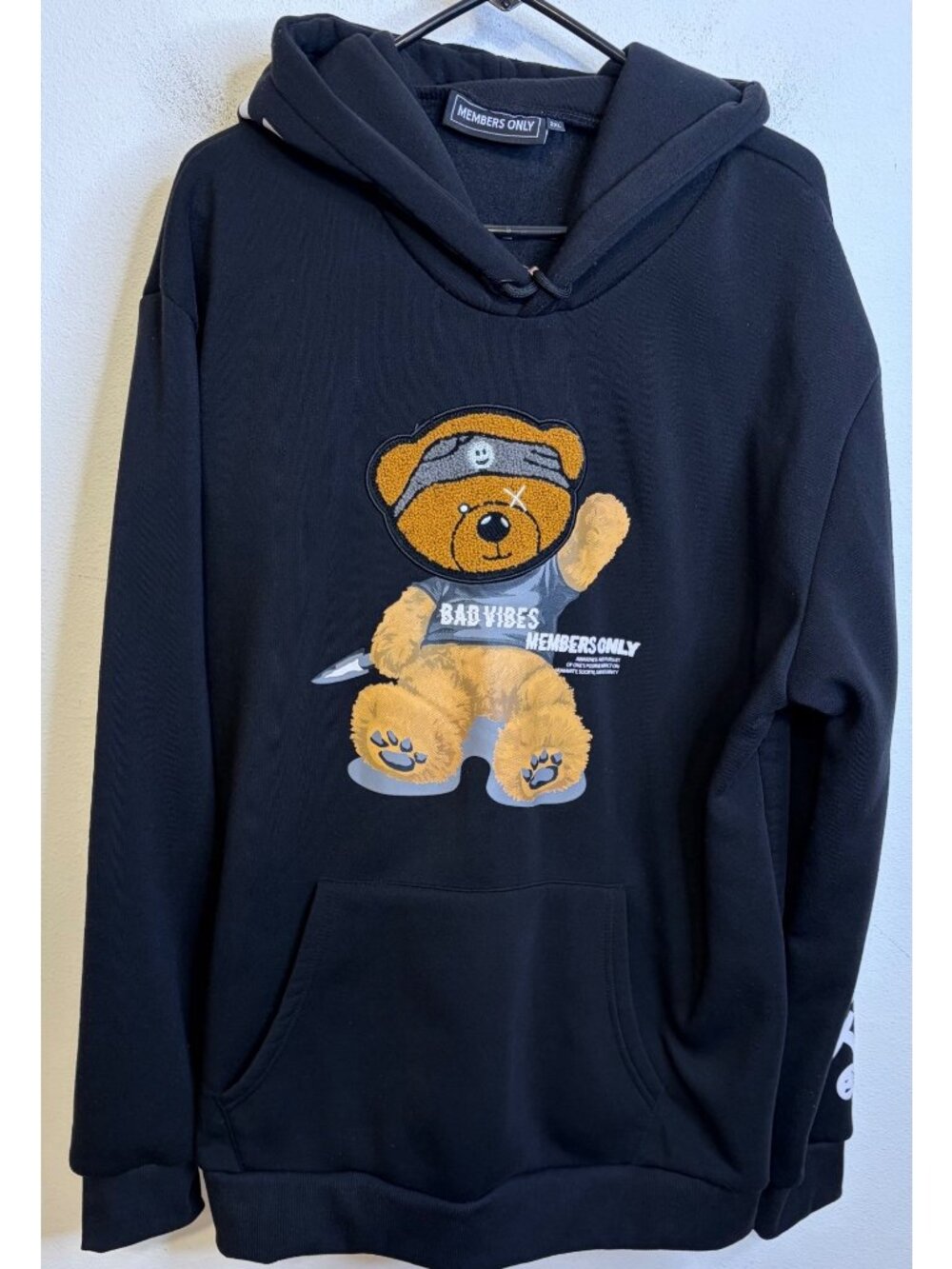 MEMBERS ONLY Bad Vibes Black Long Sleeve Hoodie Sweatshirt Size 2XL Plush Bear